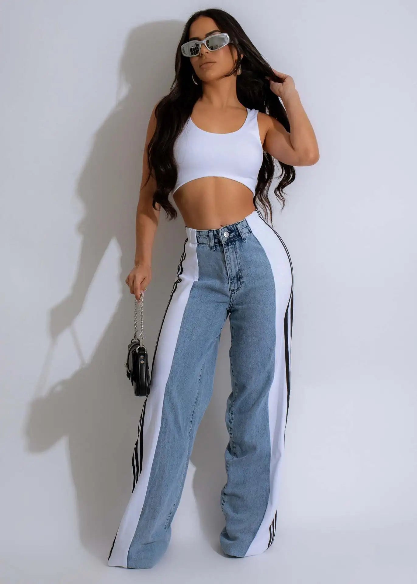 Patchwork Three Stripes Wide Leg Denim Pants