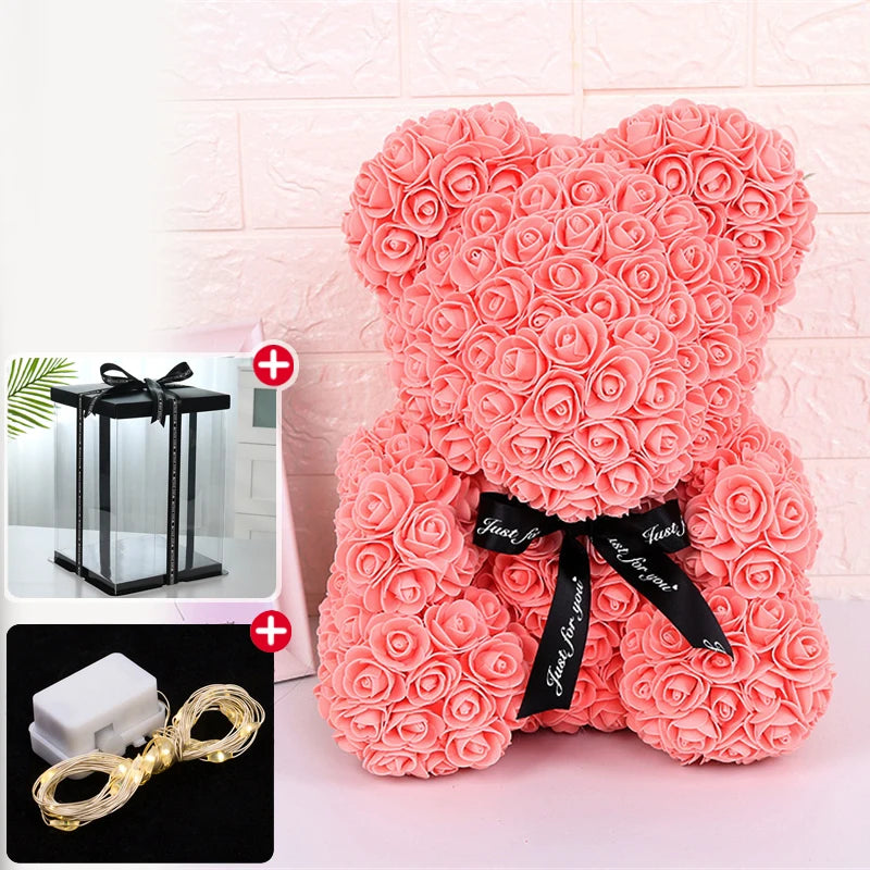 Valentine's Day Rose Bear: Artificial Flower Teddy Bear with Box Lights for Women