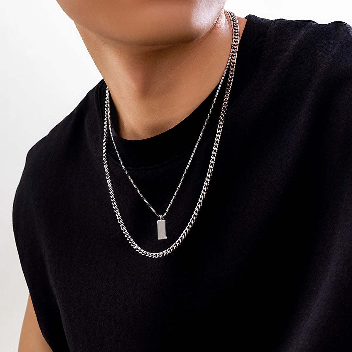 2pcs/set Rectangular Pendant Box Chain Necklace for Men