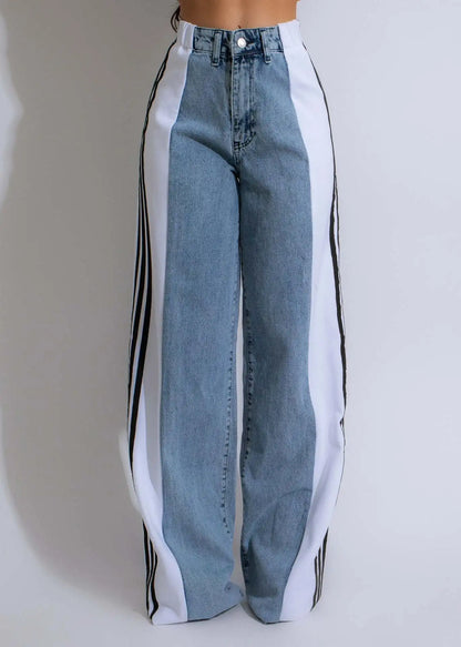 Patchwork Three Stripes Wide Leg Denim Pants