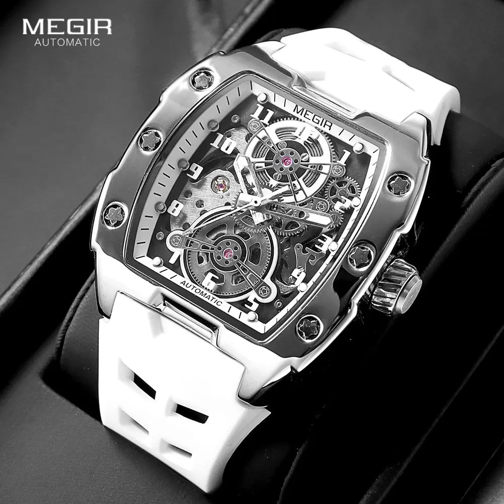 Megir 8602 Men's Waterproof Sport Watch with White Silicone Strap and Hollow Dial